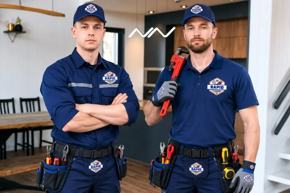 Rapid Plumbing CB professional plumbers in branded uniforms with plumbing tools in Council Bluffs, Iowa.