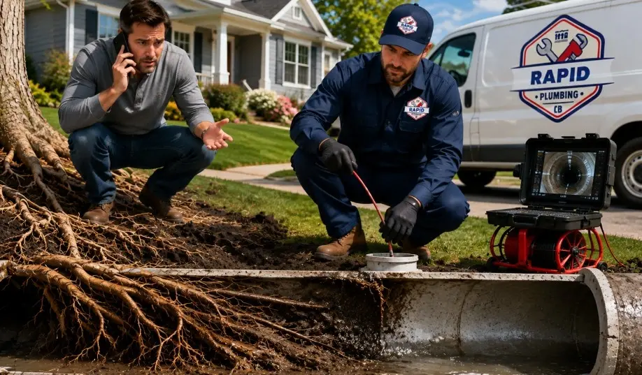 Tree roots in sewer lines call Rapid Plumbing CB at (712) 355-9187 for a camera inspection.
