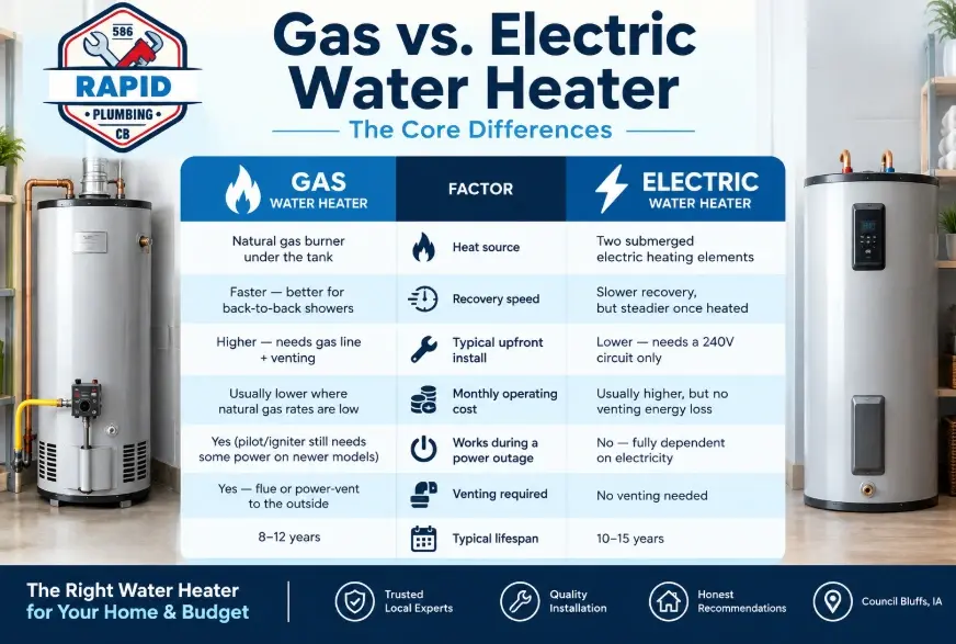 Gas vs. Electric Water Heater: The Core Differences, gas vs electric water heater, which water heater is better gas or electric, electric vs gas water heater cost, water heater fuel type comparison