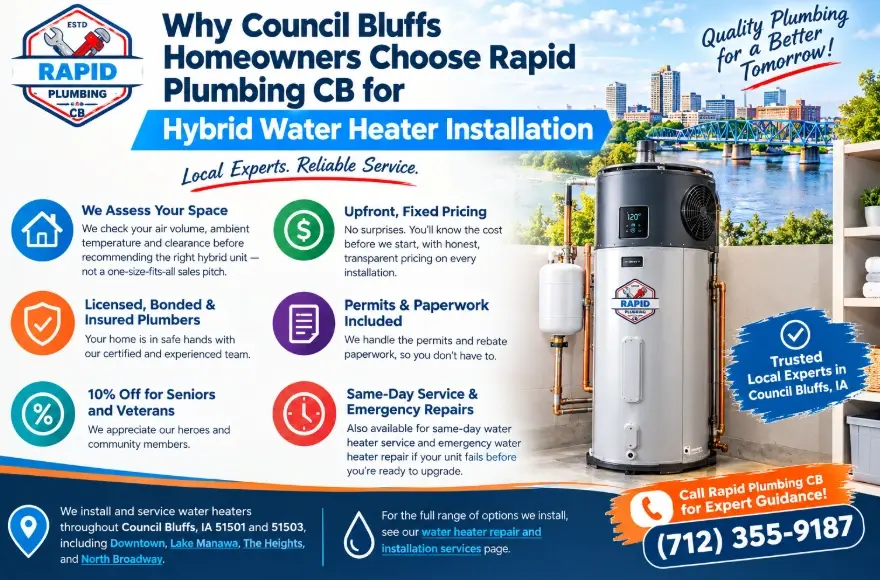 Why Council Bluffs Homeowners Choose Rapid Plumbing CB for Hybrid Water Heater Installation