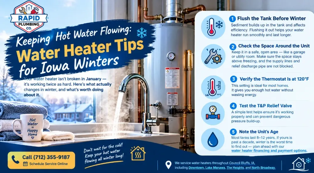 water heater winter tips council bluffs, water heater running out of hot water winter - cold weather water heater problems - water heater freeze protection - winter water heater maintenance iowa