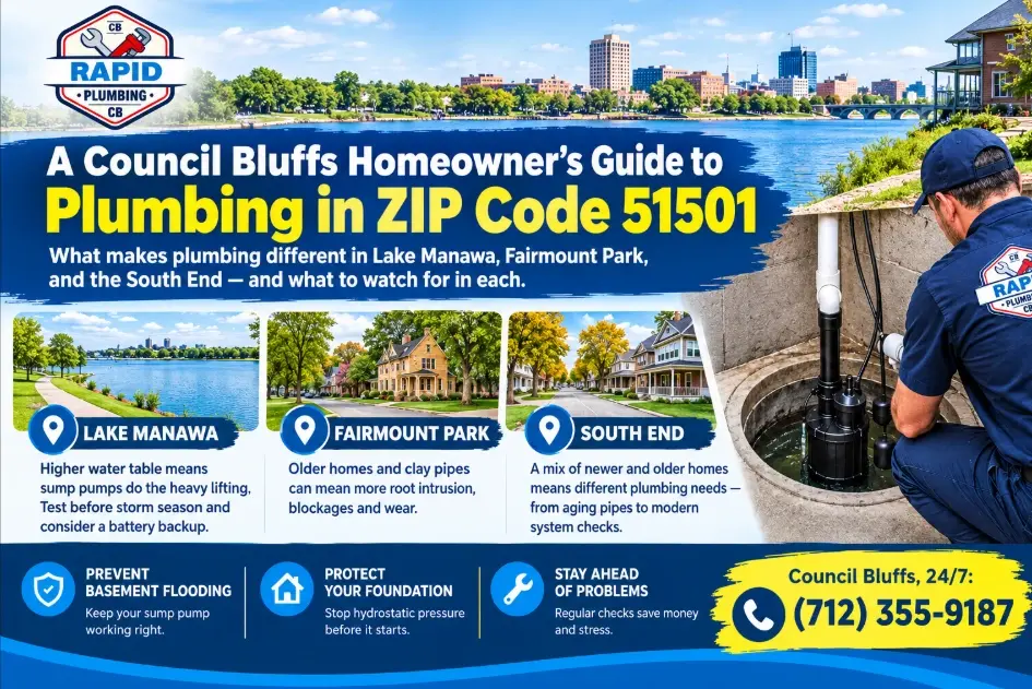 Rapid Plumbing CB serves renters and property managers across 51501, 51503, Downtown Council Bluffs, Lake Manawa and the rest of our Council Bluffs service area. Get landlord approval, then call us for fast, licensed help, 24/7.