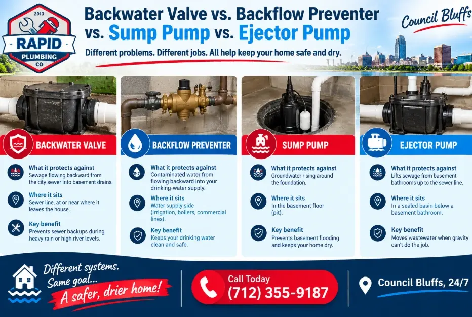 Backwater Valve vs. Backflow Preventer vs. Sump Pump vs. Ejector Pump